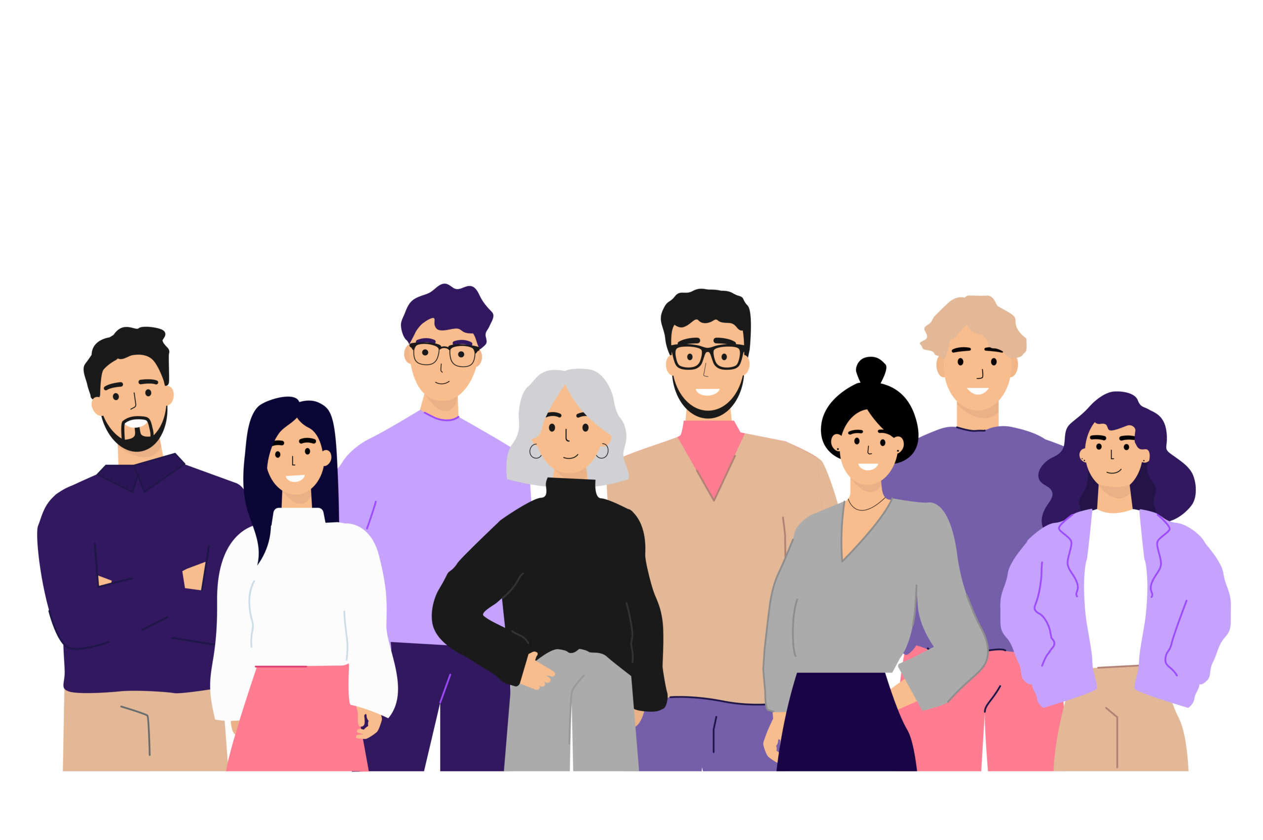 Corporate portrait of office workers and employees flat vector illustration. Cartoon happy business team, colleagues standing together. Staff and professionals concept